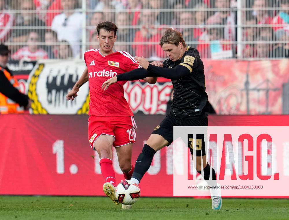 Janik Haberer, 1 FC Union Berlin, 19, in a tackle with William Cole Campbell, SV Elversberg, 39, GER; 1 FC Union Berlin vs. SV Elversberg, Bundesliga 1, Matchday 5, 2026–27 season, Stadion An der Alten Foersterei, Berlin, October 10, 2026 DFL regulations prohibit any use of photographs as image sequences and or quasi-video 1. FC Union Berlin vs. SV Elversberg, 1 Bundesliga, Matchday 5, 2026–27 Season, October 10, 2026, Berlin