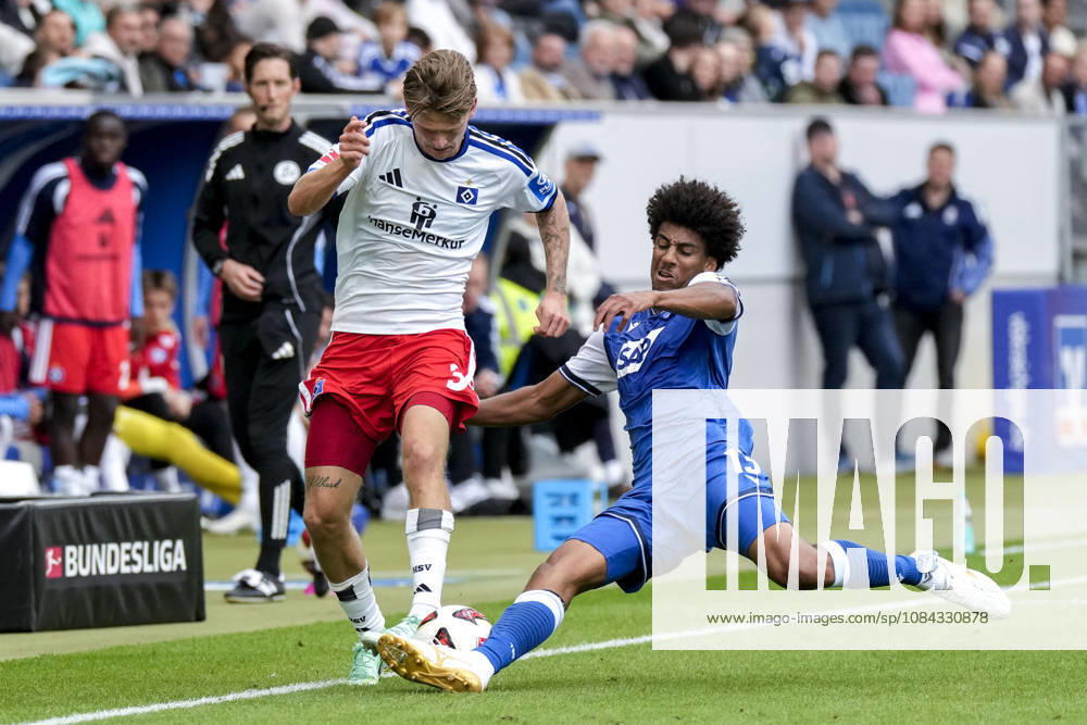 V li David Möller Wolfe HSV, 3, Bernardo Fernandes da Silva Junior Hoffenheim, 13, tackle, game scene, duel, tackle, tackling, dynamics, action, 10 10 2026, Sinsheim, Germany, soccer, Bundesliga, TSG 1899 Hoffenheim, Hamburger SV, DFB and DFL regulations prohibit any use of photographs as image sequences and or quasi-video