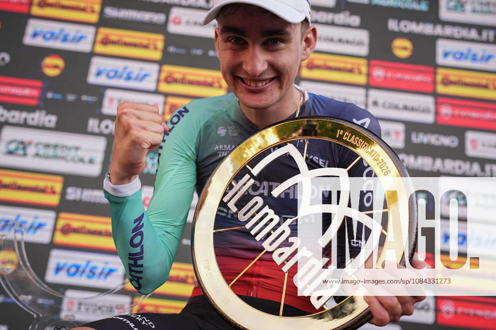France s Paul Seixas of Decathlon CMA CGM Team celebrate on the podium after the 120th edition of the Il Lombardia, Tour of Lombardy cycling race, a 239 km one day race from Bergamo to Como on October 10, 2026, Italy.