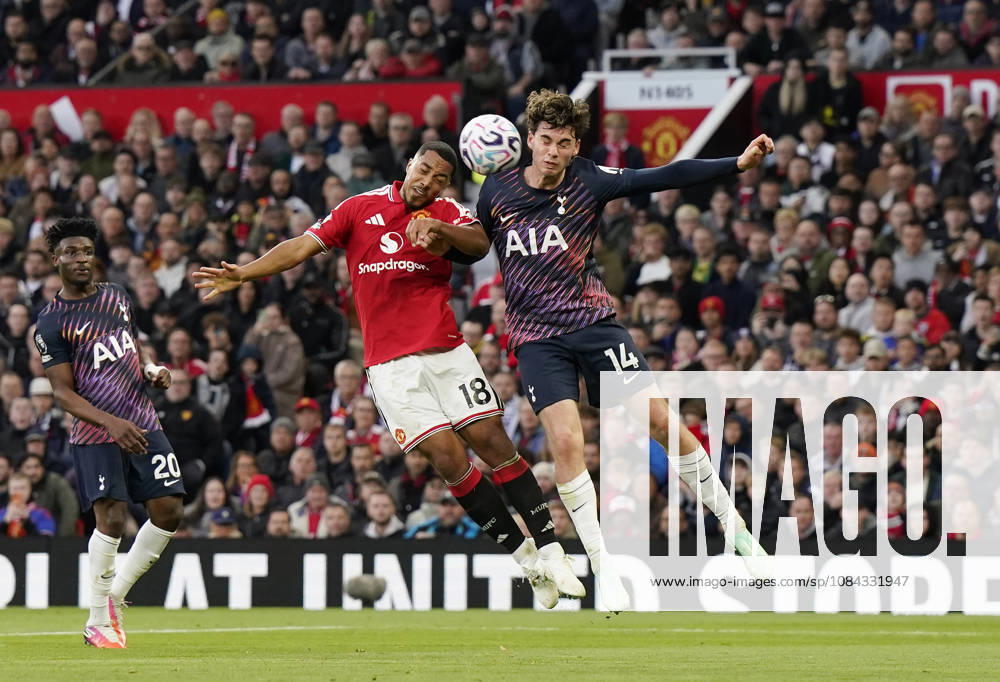 Manchester, England, 10th October 2026. Youri Tielemans of Manchester United, ManU tussles with Archie Gray of Tottenham during the Manchester United vs Tottenham Hotspur Premier League match at Old Trafford, Manchester. Picture credit should read: Andrew Yates Sportimage . SPI_035_AY_MANUTD_SPURS SPI-5058-0035