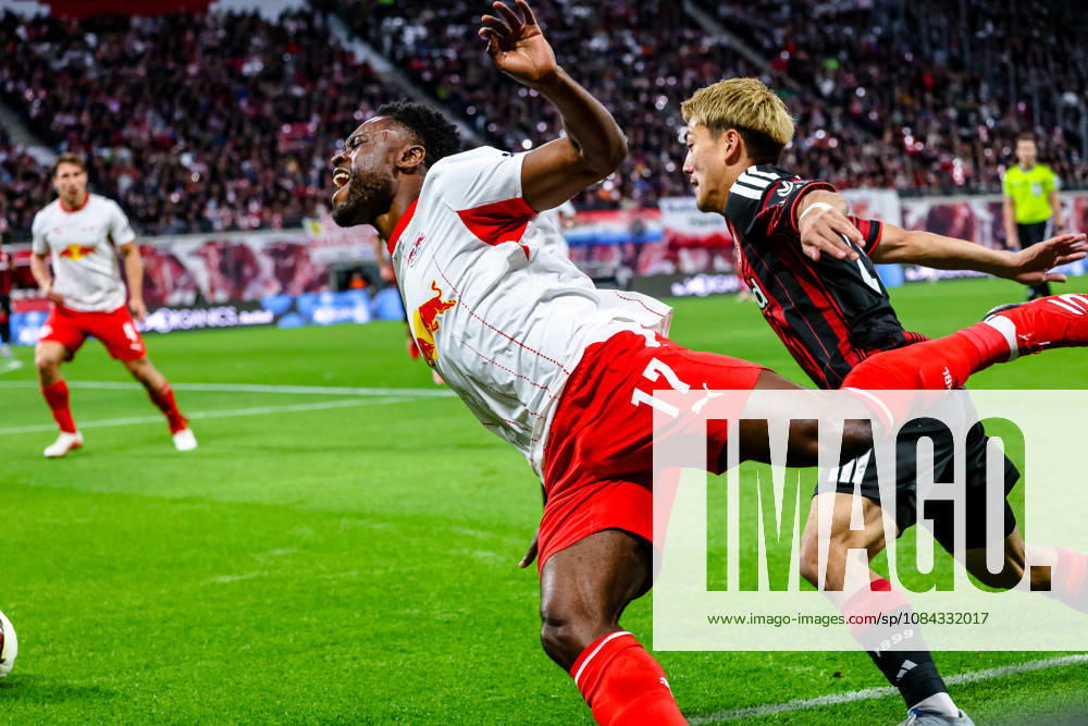 Ridle Baku (RB Leipzig), 17, falls to the ground screaming after a foul by Keita Kosugi (Eintracht Frankfurt), 26—tackle, duel, battle, pain, GER, RB Leipzig vs. Eintracht Frankfurt, soccer, Bundesliga 1 Men, Matchday 5, 2026–2027 Season, October 10, 2026—DFL regulations prohibit any use of photographs as image sequences and or quasi-video—GER, RB Leipzig vs. Eintracht Frankfurt, soccer, 1st Bundesliga Men, Matchday 5, 2026–2027 season, October 10, 2026, Leipzig