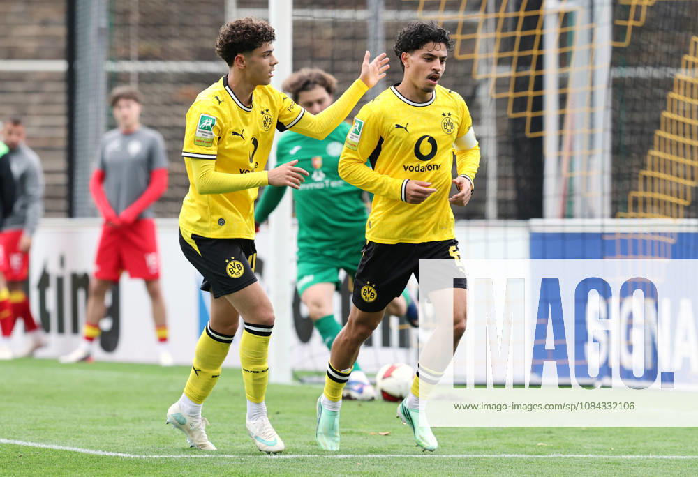 2026–27 season, Regionalliga West, Matchday 12 at Rote Erde Stadium in Dortmund, BVB Borussia Dortmund II vs. SG Wattenscheid 09, Dortmund fans celebrating the 2–1 goal by Samuele Inacio (BVB II) with Ayman Azhil (BVB II), from left to right