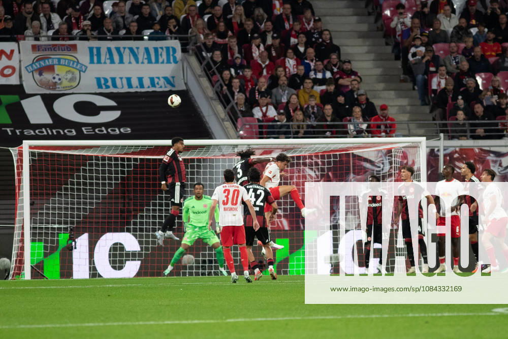 1 German Bundesliga: RB Leipzig vs. Eintracht Frankfurt, October 10, 2026—Danger and chaos in front of Eintracht Frankfurt’s goal. LEIPZIG, GERMANY, OCTOBER 10—Bundesliga match between RB Leipzig and Eintracht Frankfurt at the Red Bull Arena on Matchday 5 of the 1. Bundesliga on October 10, 2026 in Leipzig, Germany. DFL regulations prohibit any use of photographs as image sequences and or quasi-video.
