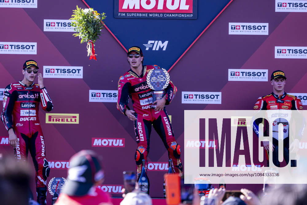 ESTORIL, PORTUGAL - OCTOBER 10: Nicolo Bulega of Italy and Aruba.it Racing - Ducati is seen celebrating the win on the final podium during Race 1 during day two of the World Superbikes Estoril Round at Circuito Estoril on October 10, 2026 in Estoril, Portugal. Cascais Portugal - ZUMAl192 20261010_zsp_l192_106