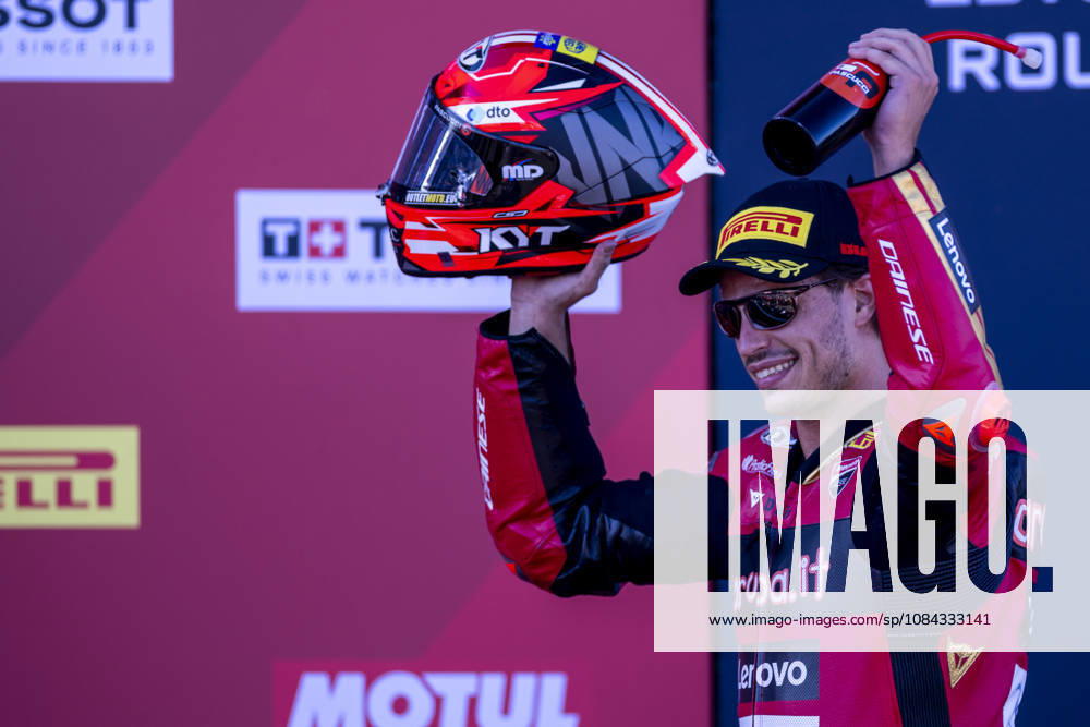 ESTORIL, PORTUGAL - OCTOBER 10: Nicolo Bulega of Italy and Aruba.it Racing - Ducati is seen on the podium celebrating the win during Race 1 during day two of the World Superbikes Estoril Round at Circuito Estoril on October 10, 2026 in Estoril, Portugal. Cascais Portugal - ZUMAl192 20261010_zsp_l192_107