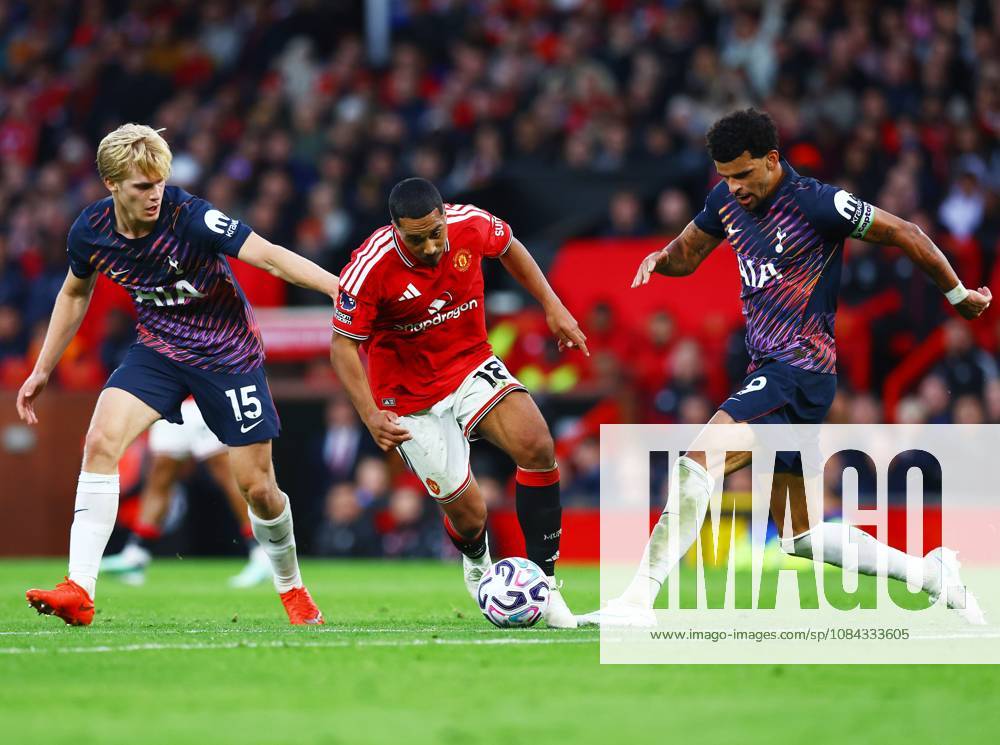 Youri Tielemans of Manchester United, ManU in between Lucas Bergvall and Dominic Solanke of Tottenham Hotspur Manchester United v Tottenham Hotspur, Premier League, Football, Old Trafford, Manchester, UK - 10 Oct 2026Manchester Old Trafford United Kingdom