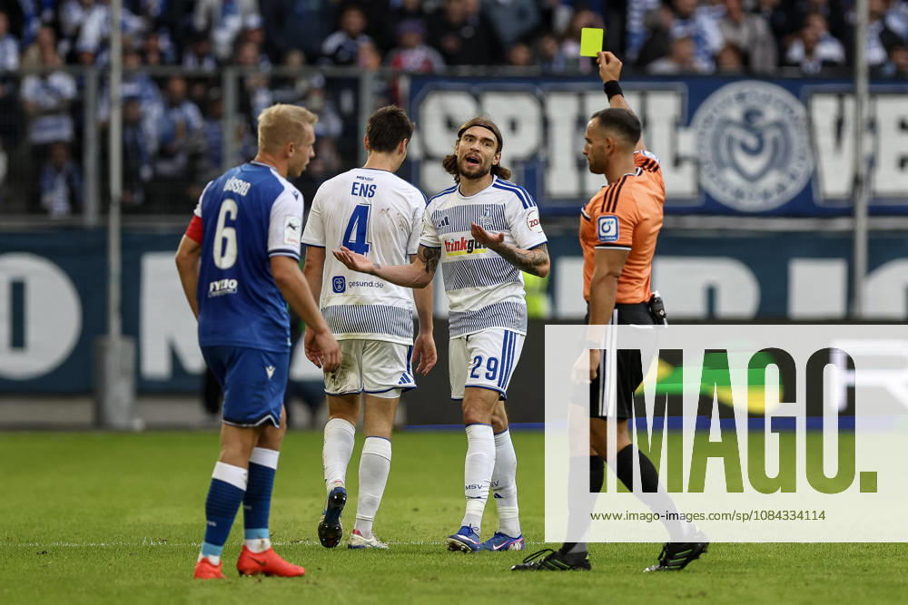 GER, Soccer, Men s, 3rd Division, 2026–2027 Season, MSV Duisburg vs. TSG Hoffenheim II, Joshua Bitter, Duisburg receives a yellow card from referee Leonidas Exuzidis, Duisburg Schauinsland Reisen Arena, North Rhine-Westphalia, Germany