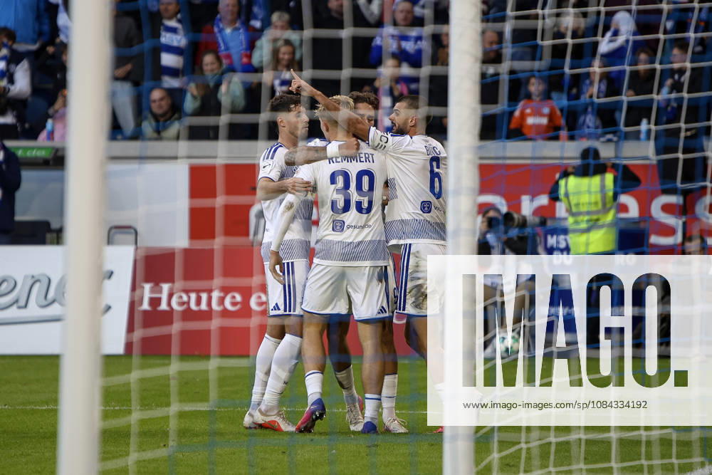 Germany, Soccer, Men s, 3rd Division, 2026–2027 Season, MSV Duisburg vs. TSG Hoffenheim II, Peter Remmert, Duisburg, goal celebration—celebrating with his team after scoring the 2–2 equalizer at the Schauinsland-Reisen-Arena in North Rhine-Westphalia, Germany