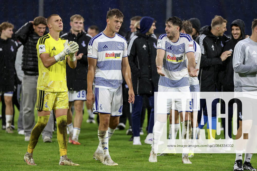 GER, Soccer, Men s, 3rd Division, 2026–2027 Season, MSV Duisburg vs. TSG Hoffenheim II: Maximilian Braune (Duisburg), Ben Schlicke (Duisburg), and Tobias Fleckstein (Duisburg) celebrate after the victory at the Schauinsland-Reisen Arena in North Rhine-Westphalia, Germany