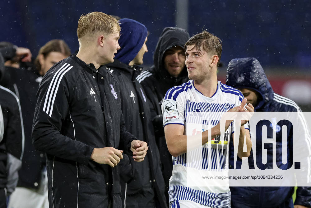 GER, Soccer, Men s, 3rd Division, 2026–2027 Season, MSV Duisburg vs. TSG Hoffenheim II, Peter Remmert (Duisburg) and Frederik Christensen (Duisburg) celebrate at the end of the game, cheering after Duisburg s victory at Schauinsland-Arena, North Rhine-Westphalia, Germany