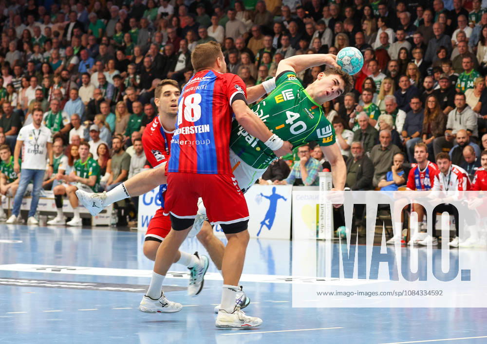 Germany, Göppingen, Opel HBL Bundesliga Handball, FRISCH AUF Göppingen vs. SG BBM Bietigheim, from left: Nikola Vlahovic (BBM), Fabian Wiederstein (BBM), Elias Newel (FAG)