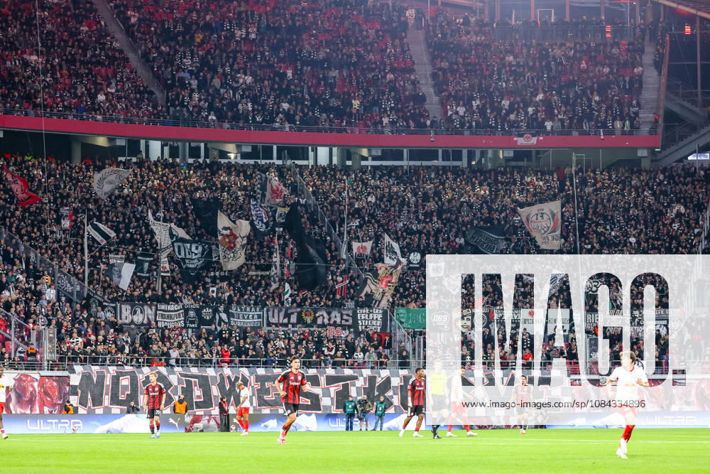 Visitors Section, Frankfurt Fans, Flags, GER, RB Leipzig vs. Eintracht Frankfurt, Soccer, Men s Bundesliga 1, Matchday 5, 2026–2027 Season, October 10, 2026 DFL regulations prohibit any use of photographs as image sequences and or quasi-video GER, RB Leipzig vs. Eintracht Frankfurt, Soccer, 1st Bundesliga Men, Matchday 5, 2026–2027 Season, October 10, 2026 Leipzig