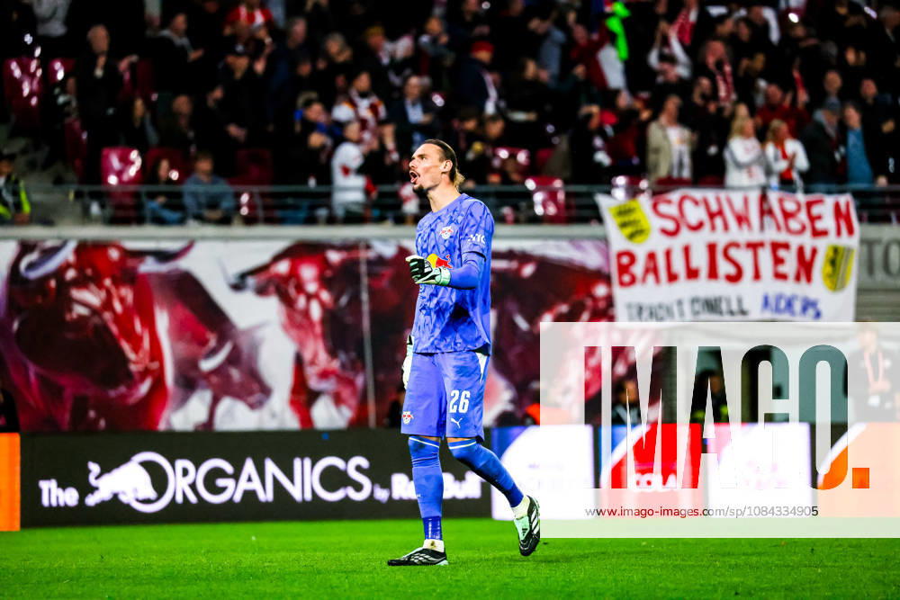 Maarten Vandevoordt, RB Leipzig, 26, celebrating, goal celebration, celebrating the 4-0 goal, GER, RB Leipzig vs. Eintracht Frankfurt, soccer, Bundesliga 1 Men, Matchday 5, 2026–2027 season, October 10, 2026 DFL regulations prohibit any use of photographs as image sequences and or quasi-video GER, RB Leipzig vs. Eintracht Frankfurt, Soccer, 1st Bundesliga Men, Matchday 5, 2026–2027 season, October 10, 2026 Leipzig