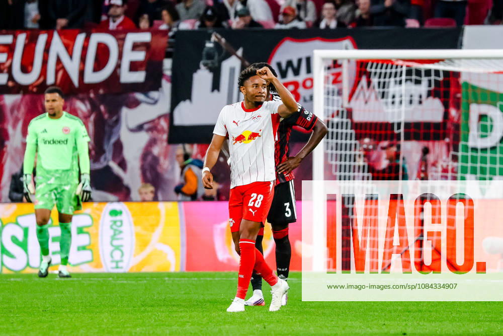 Christopher Nkunku, RB Leipzig, 28, celebrating, goal celebration, celebrating the 4-0 goal, hat trick, GER, RB Leipzig vs. Eintracht Frankfurt, soccer, Men s Bundesliga 1, Matchday 5, 2026–2027 season, October 10, 2026 DFL regulations prohibit any use of photographs as image sequences and or quasi-video GER, RB Leipzig vs. Eintracht Frankfurt, soccer, 1. Bundesliga Men, Matchday 5, 2026–2027 season, October 10, 2026 Leipzig