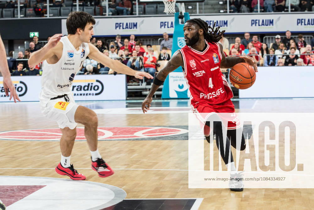 Bamberg, Germany, October 10, 2026; easyCredit BBL 2026–2027, Matchday 5; BMA365 Bamberg Baskets vs. Syntainics MBC; Pictured, from left: Vuk Radojicic (MBC Weißenfels) and Jordan Jones (Bamberg); Brose Arena, Bavaria