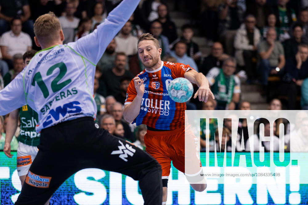 Lukas WUCHERPFENNIG (SG BBM Bietigheim), 06, is stopped by Kristian SAEVERAS (FRISCH AUF Goeppingen), 12 GER, FRISCH AUF Goeppingen vs. SG BBM Bietigheim, Handball, Bundesliga, OPEL HBL, Matchday 8, 2026–2027 season, October 10, 2026, GER, FRISCH AUF Goeppingen vs. SG BBM Bietigheim, Handball, Bundesliga, OPEL HBL, Matchday 8, 2026–2027 Season, October 10, 2026, Goeppingen