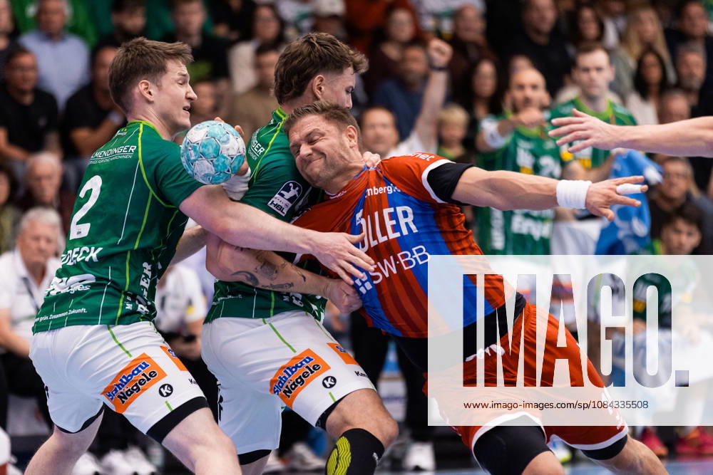 Fabian WIEDERSTEIN of SG BBM Bietigheim, No. 18, in a one-on-one battle against Victor KLOEVE of FRISCH AUF Goeppingen, No. 07, GER, FRISCH AUF Goeppingen vs. SG BBM Bietigheim, Handball, Bundesliga, OPEL HBL, Matchday 8, 2026–2027 season, October 10, 2026, GER, FRISCH AUF Goeppingen vs. SG BBM Bietigheim, Handball, Bundesliga, OPEL HBL, Matchday 8, 2026–2027 season, October 10, 2026, Goeppingen