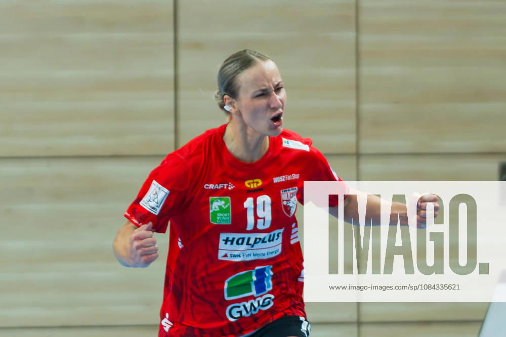 Lea Gruber Halle, 19, celebrates after scoring a goal, SV Union Halle Neustadt vs. BSV Sachsen Zwickau, Women s Handball Bundesliga, 1st Bundesliga, Matchday 5, 2026–27 season, October 10, 2026, Halle SWH Arena, Saxony-Anhalt, Germany