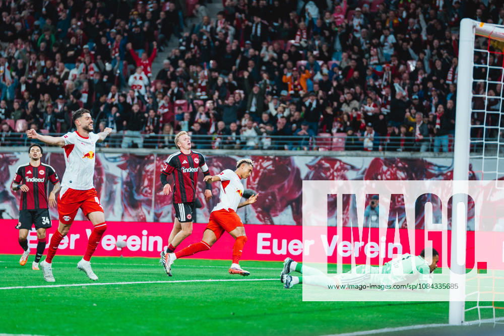 Antonio Nusa (RB Leipzig, 7) celebrates RB Leipzig vs Eintracht Frankfurt, Bundesliga, Germany, Football, 26 27, GER, Leipzig, Red Bull Arena Stadium DFL regulations prohibit any use of photographs as image sequences and or quasi-video.DFL regulations prohibit any use of photographs as image sequences and or quasi-video. Leipzig Red Bull Arena, Leipzig Sachsen GER