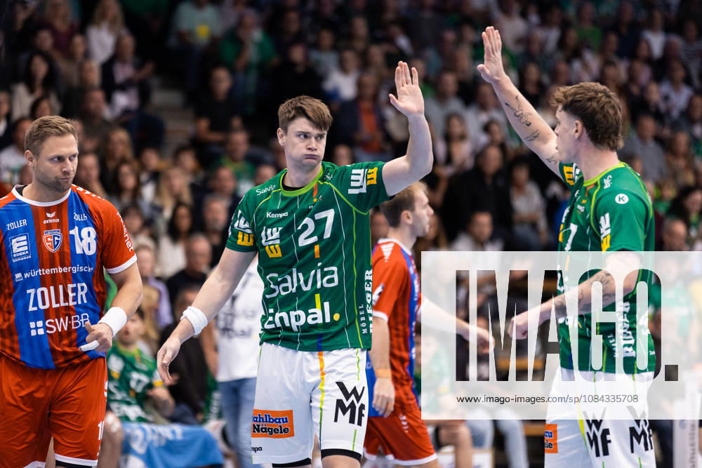 Oskar SUNNEFELDT FRISCH AUF Goeppingen, 27, and Victor KLOEVE FRISCH AUF Goeppingen, 07 Celebration, joy, passion, success, emotion, enthusiasm, positive emotions GER, FRISCH AUF Goeppingen vs. SG BBM Bietigheim, handball, Bundesliga, OPEL HBL, Matchday 8, 2026–2027 season, October 10, 2026, GER, FRISCH AUF Goeppingen vs. SG BBM Bietigheim, Handball, Bundesliga, OPEL HBL, Matchday 8, 2026–2027 Season, October 10, 2026, Göppingen