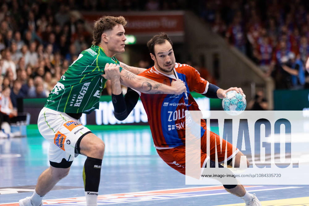 Domikin CLAUS (SG BBM Bietigheim), No. 07, in a one-on-one battle against Victor KLOEVE (FRISCH AUF Goeppingen), No. 07, GER, FRISCH AUF Goeppingen vs. SG BBM Bietigheim, Handball, Bundesliga, OPEL HBL, Matchday 8, 2026–2027 season, October 10, 2026, GER, FRISCH AUF Goeppingen vs. SG BBM Bietigheim, Handball, Bundesliga, OPEL HBL, Matchday 8, 2026–2027 season, October 10, 2026, Goeppingen