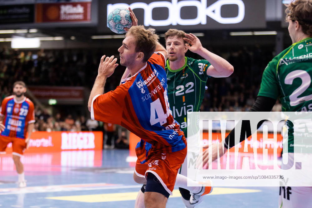 Mathias Rohde LARSON, SG BBM Bietigheim, 44, scores a goal; play; shot on goal; GER, FRISCH AUF Goeppingen vs. SG BBM Bietigheim, Handball, Bundesliga, OPEL HBL, Matchday 8, 2026–2027 season, October 10, 2026, GER, FRISCH AUF Göppingen vs. SG BBM Bietigheim, Handball, Bundesliga, OPEL HBL, Matchday 8, 2026–2027 season, October 10, 2026, Göppingen