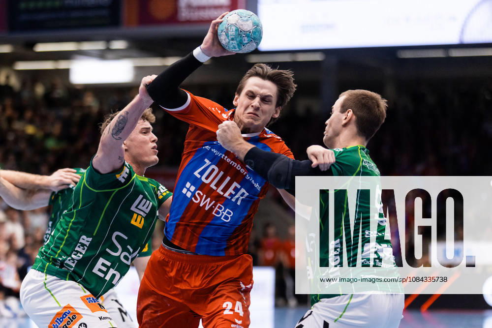 Maxim ORLOV (SG BBM Bietigheim), No. 24, in a one-on-one battle against Victor KLOEVE (FRISCH AUF Goeppingen), No. 07, and Max BENEKE (FRISCH AUF Goeppingen), No. 09 (GER), FRISCH AUF Goeppingen vs. SG BBM Bietigheim, Handball, Bundesliga, OPEL HBL, Matchday 8, 2026–2027 Season, October 10, 2026, GER, FRISCH AUF Goeppingen vs. SG BBM Bietigheim, Handball, Bundesliga, OPEL HBL, Matchday 8, 2026–2027 season, October 10, 2026, Goeppingen