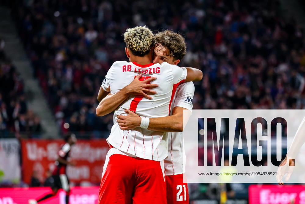 Antonio Nusa, RB Leipzig, 07, celebrating, goal celebration, celebrating the 5-0 goal, hugging Neil El Aynaoui, RB Leipzig, 21, GER, RB Leipzig vs. Eintracht Frankfurt, soccer, Bundesliga 1 Men, Matchday 5, 2026–2027 season, October 10, 2026 DFL regulations prohibit any use of photographs as image sequences and or quasi-video GER, RB Leipzig vs. Eintracht Frankfurt, Soccer, 1st Bundesliga Men, Matchday 5, 2026–2027 season, October 10, 2026 Leipzig