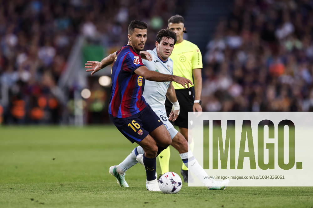 Rodri of FC Barcelona, Barca and Ivan Azon of Getafe CF in action during the Spanish league, LaLiga EA Sports, football match played between FC Barcelona and Getafe CF at Spotify Camp Nou stadium on October 10, 2026 in Barcelona, Spain. Barcelona Spain - ZUMAa181 20261010_zaa_a181_093