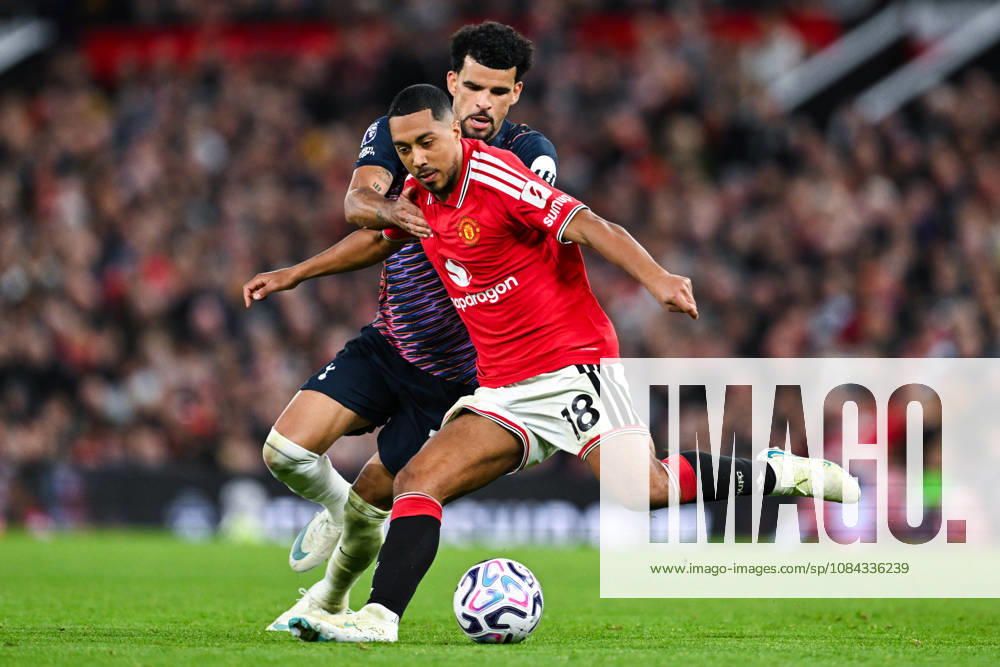 MANCHESTER, ENGLAND, OCT 10: Youri Tielemans of Manchester United, ManU is challenged by Dominic Solanke of Tottenham Hotspur during the Premier League match between Manchester United and Tottenham Hotspur at Old Trafford in Manchester, England (Will Palmer Sports Press Photo)