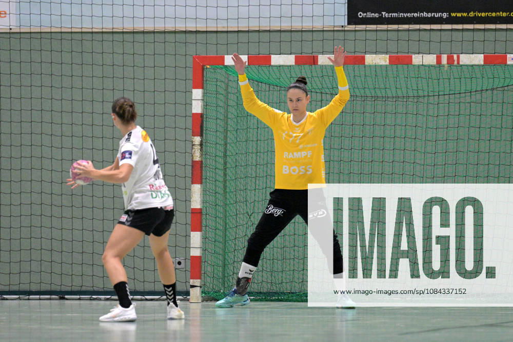 Sara Suba of TusSies Metzingen, No. 77, in goal during a one-on-one situation on a 7-meter throw against Tuva Ulsaker of Hove SCM Ramnicu Valcea, 04 TusSies Metzingen vs. SCM Ramnicu Valcea, Handball, EHF, Europa League Qualification Second Leg, 2026–2027 Season, October 10, 2026, TusSies Metzingen vs. SCM Ramnicu Valcea, Handball, EHF, Europa League Qualification Second Leg, 2026–2027 Season, October 10, 2026, Metzingen