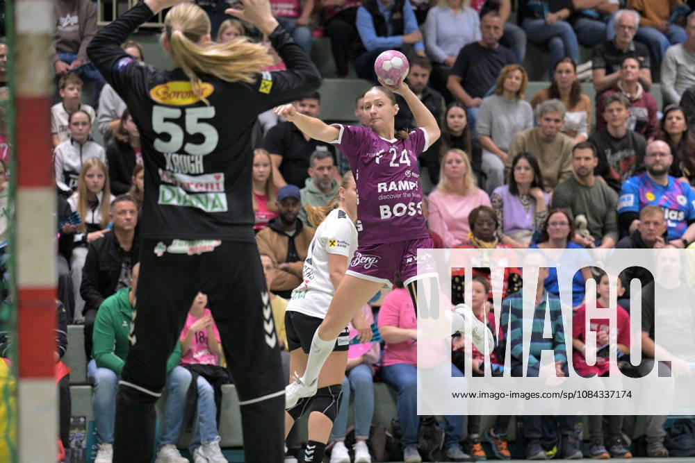 Marie Luisa Stumpf (TusSies Metzingen), 24, taking a shot on goal against June Cecilie Krogh (SCM Ramnicu Valcea), 55, in goal; TusSies Metzingen vs. SCM Ramnicu Valcea, Handball, EHF, Europa League Qualification Second Leg, 2026–2027 Season, October 10, 2026, TusSies Metzingen vs. SCM Ramnicu Valcea, Handball, EHF, Europa League Qualification Second Leg, 2026–2027 Season, October 10, 2026, Metzingen