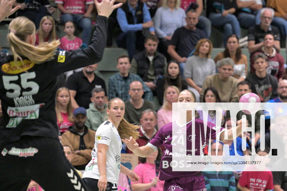 Marie Luisa Stumpf (TusSies Metzingen), 24, taking a shot on goal against June Cecilie Krogh (SCM Ramnicu Valcea), 55, in goal; TusSies Metzingen vs. SCM Ramnicu Valcea, Handball, EHF, Europa League Qualification Second Leg, 2026–2027 Season, October 10, 2026, TusSies Metzingen vs. SCM Ramnicu Valcea, Handball, EHF, Europa League Qualification Second Leg, 2026–2027 Season, October 10, 2026, Metzingen