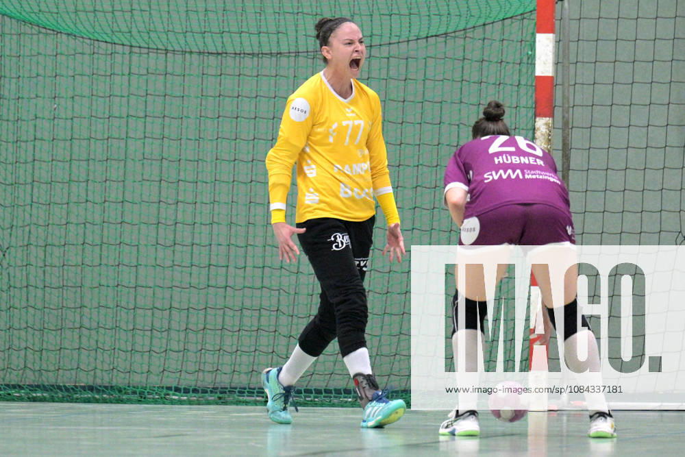 Sara Suba of TusSies Metzingen, No. 77, celebrates in goal after making a save. TusSies Metzingen vs. SCM Ramnicu Valcea, Handball, EHF, Europa League Qualification Second Leg, 2026–2027 Season, October 10, 2026, TusSies Metzingen vs. SCM Ramnicu Valcea, Handball, EHF, Europa League Qualification Second Leg, 2026–2027 Season, October 10, 2026, Metzingen