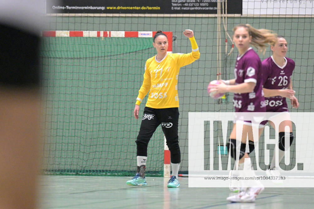 Sara Suba of TusSies Metzingen, No. 77, celebrates in goal after making a save. TusSies Metzingen vs. SCM Ramnicu Valcea, Handball, EHF, Europa League Qualification Second Leg, 2026–2027 Season, October 10, 2026, TusSies Metzingen vs. SCM Ramnicu Valcea, Handball, EHF, Europa League Qualification Second Leg, 2026–2027 Season, October 10, 2026, Metzingen