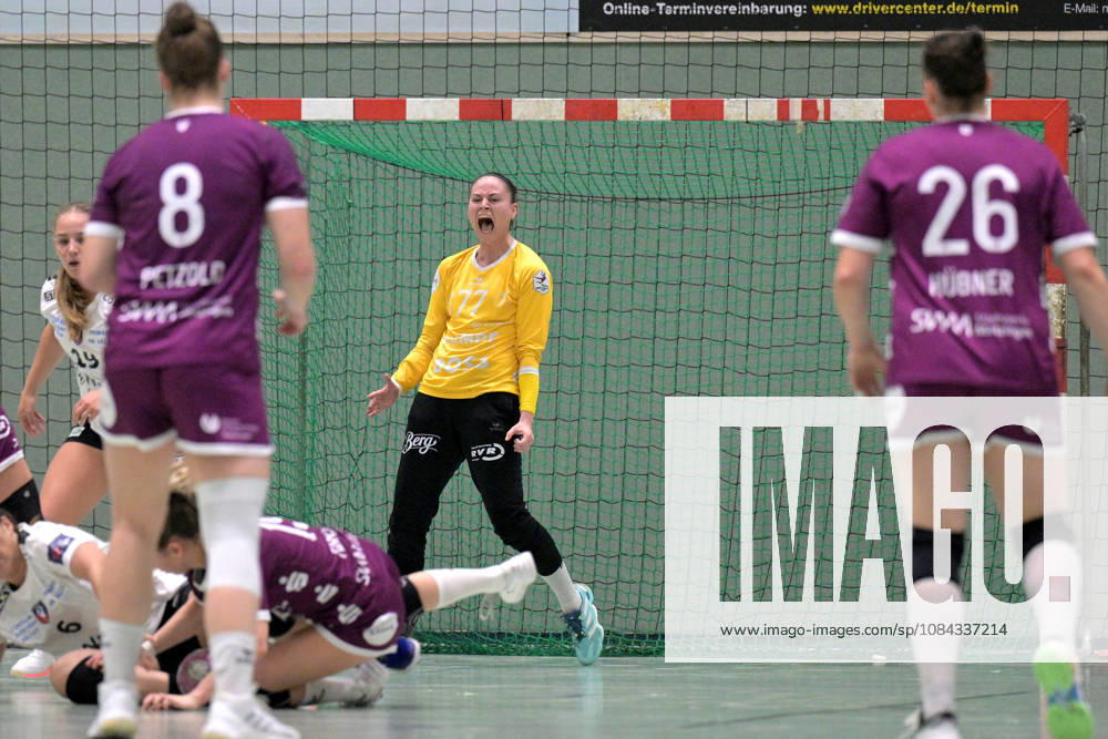 Sara Suba of TusSies Metzingen, No. 77, celebrates in goal after a save. TusSies Metzingen vs. SCM Ramnicu Valcea, Handball, EHF, Europa League Qualification Second Leg, 2026–2027 Season, October 10, 2026, TusSies Metzingen vs. SCM Ramnicu Valcea, Handball, EHF, Europa League Qualification Second Leg, 2026–2027 Season, October 10, 2026, Metzingen