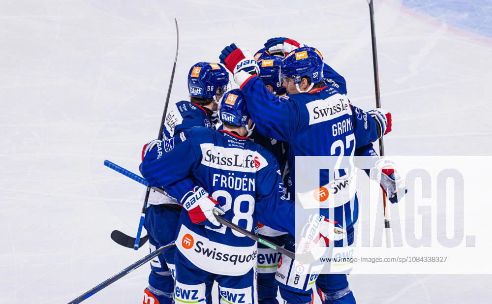 Ice Hockey National League Regular Season: ZSC Lions vs. HC Frib Zurich, Switzerland, Oct. 10, 2026, 4:28 Jesper Fröden of the ZSC Lions scores the tying goal, making it 1–1; 27 Derek Grant, 56 Tim Berni, and 6 Yannick Weber—all of the ZSC Lions—celebrate with the goal scorer