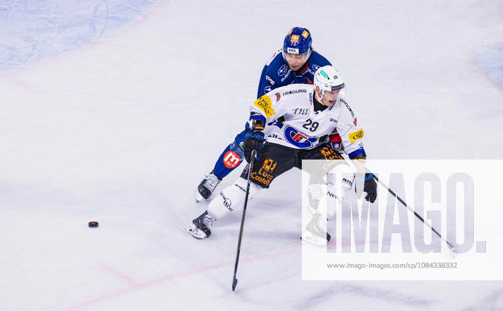 Ice Hockey National League Regular Season: ZSC Lions vs. HC Fribourg, Zurich, Switzerland, Oct. 10, 2026. 73 Kimo Gruber of the ZSC Lions manages to knock the puck away from 29 Anthony Richard of Fribourg.