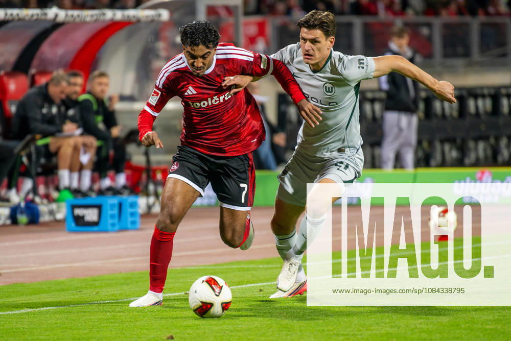 Soccer Season 2026–2027, Matchday 2, Bundesliga, Matchday 7: 1. FC Nürnberg (FCN) vs. VfL Wolfsburg (WOB) – Wolves. Sports photo by Zink . DFL regulations prohibit any use of photographs as image sequences and or quasi-video; for editorial use only Rayan Ghrieb 7, 1 FC Nuremberg (FCN) Joakim Maehle 21, VfL Wolfsburg