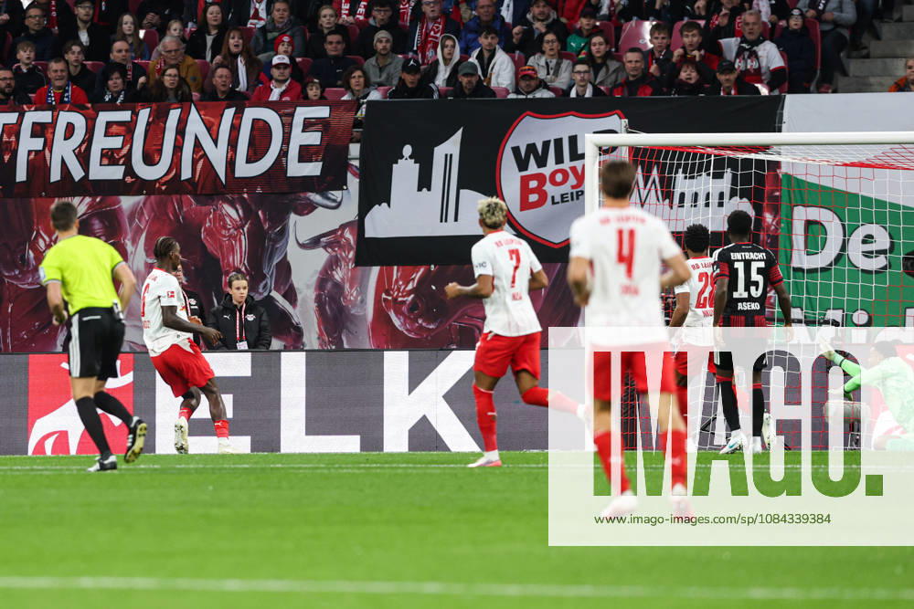 Goal scorer Ezchiel Banzuzi of RB Leipzig (No. 6) scores the 1-0 goal in the 2026-2027 Bundesliga regular-season match between RB Leipzig and Eintracht Frankfurt at the Red Bull Arena in Leipzig. Action, soccer, Germany, man,Men