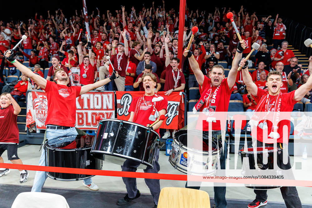 Fan, fans, spectators, cheering, cheers, positive emotions, positive emotion, symbolic image, symbolic photo, themed photo, themed image, drum, drummer, BMA365 Bamberg Baskets vs. Syntainics MBC, basketball, easyCredit BBL, Matchday 5, October 10, 2026 BMA365 Bamberg Baskets vs. Syntainics MBC, basketball, easyCredit BBL, Matchday 5, October 10, 2026 Bamberg