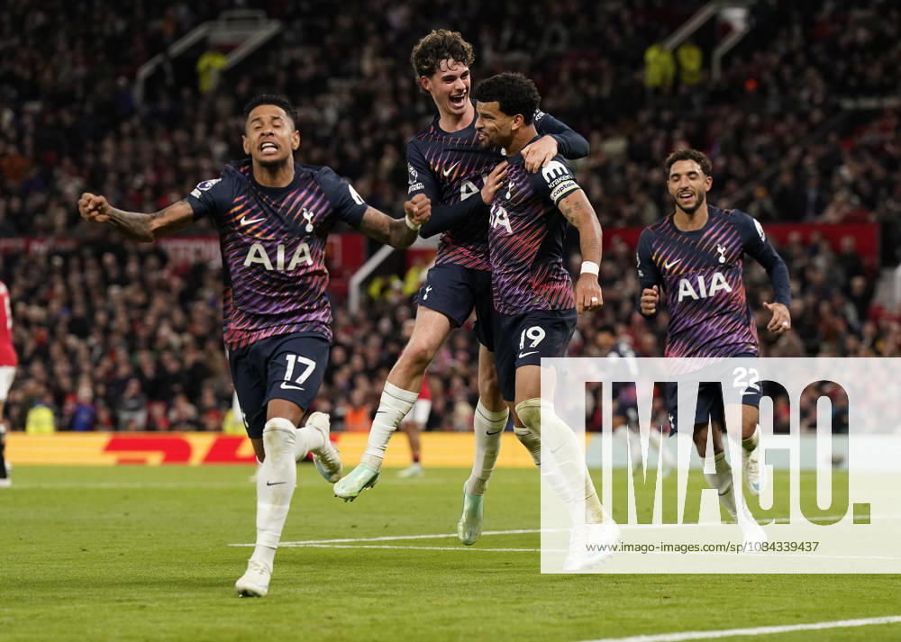 Manchester, England, 10th October 2026. Dominic Solanke of Tottenham Hotspur (C) celebrates after scoring during the Manchester United, ManU vs Tottenham Hotspur Premier League match at Old Trafford, Manchester. Picture credit should read: Andrew Yates Sportimage . SPI_051_AY_MANUTD_SPURS SPI-5058-0053