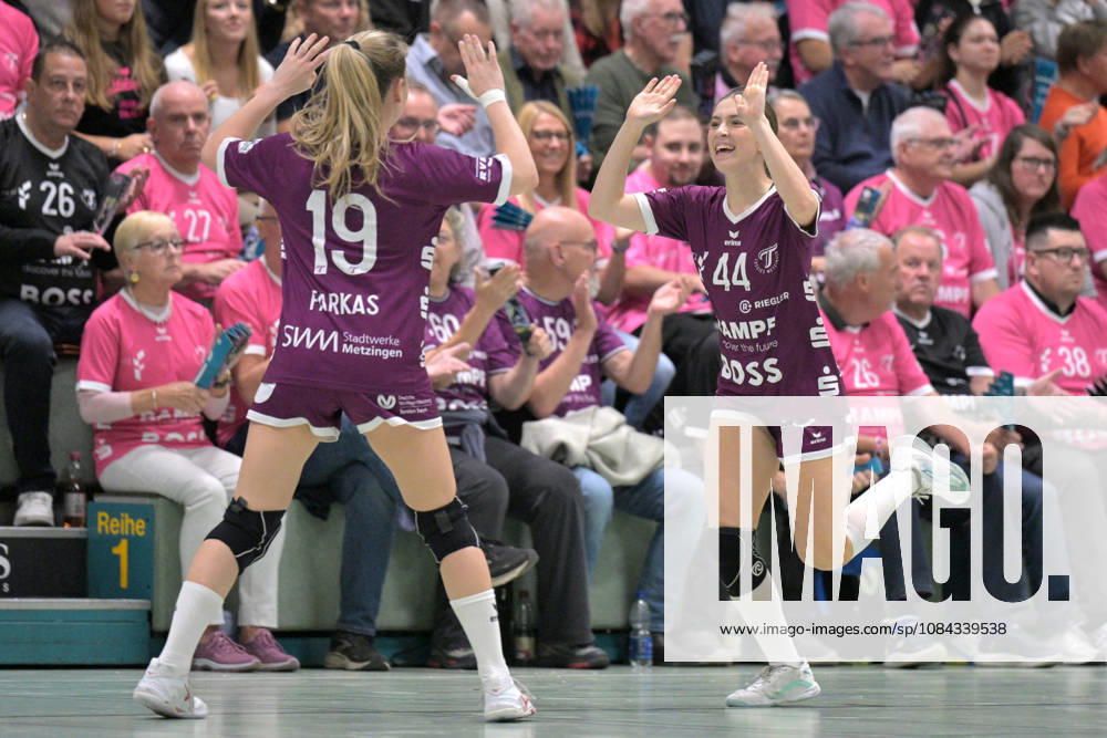Klara Schlipf of TusSies Metzingen, 44, and Johanna Farkas of TusSies Metzingen, 19, celebrate after a goal in the TusSies Metzingen vs. SCM Ramnicu Valcea handball match, EHF, Europa League Qualification Second Leg, 2026–2027 Season, October 10, 2026, TusSies Metzingen vs. SCM Ramnicu Valcea, handball, EHF, Europa League Qualification Second Leg, 2026–2027 season, October 10, 2026, Metzingen
