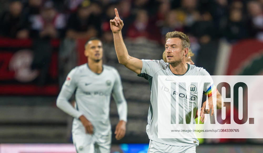 Soccer Season 2026–2027, Matchday 2, Bundesliga, Matchday 7: 1 FC Nuremberg (FCN) vs. VfL Wolfsburg (WOB), Wolves. Sports photo by Zink . DFL regulations prohibit any use of photographs as image sequences and or quasi-video; for editorial use only. Goal celebration, jubilation, joy after a goal; goal, shot on goal for the 0–1 by Hauke Wahl 6, VfL Wolfsburg