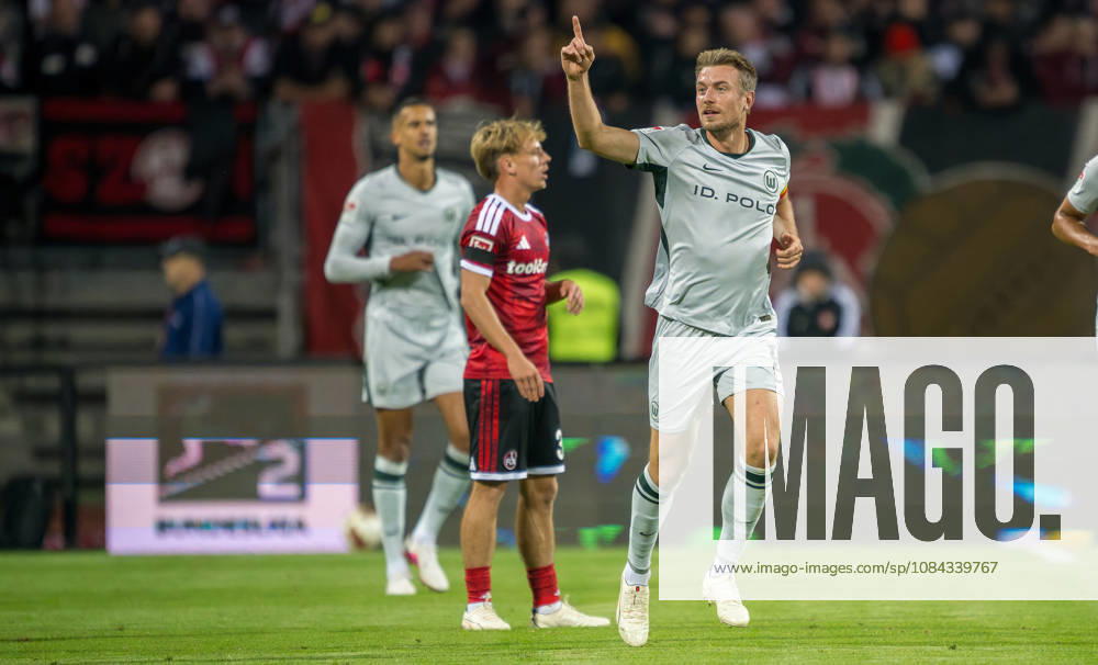 Soccer Season 2026–2027, Matchday 2, Bundesliga, Matchday 7: 1 FC Nuremberg (FCN) vs. VfL Wolfsburg (WOB), Wolves. Sports photo by Zink . DFL regulations prohibit any use of photographs as image sequences and or quasi-video; for editorial use only. Goal celebration, jubilation, joy after a goal; goal, shot on goal for the 0–1 by Hauke Wahl 6, VfL Wolfsburg