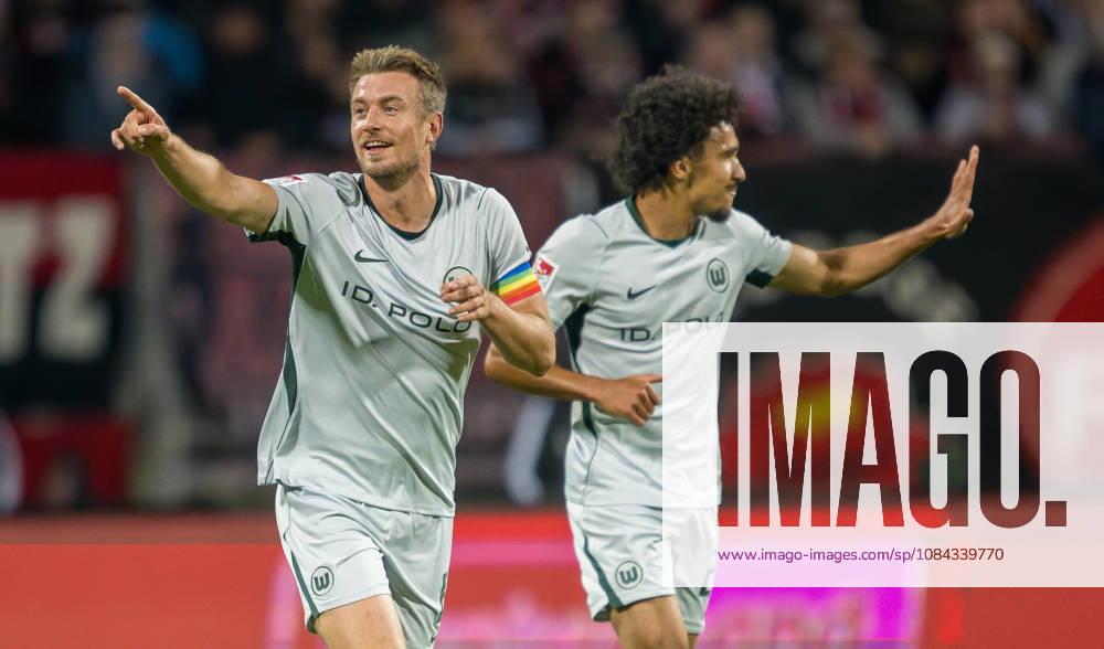 Soccer Season 2026–2027, Matchday 2, Bundesliga, Matchday 7: 1 FC Nuremberg (FCN) vs. VfL Wolfsburg (WOB), Wolves. Sports photo by Zink . DFL regulations prohibit any use of photographs as image sequences and or quasi-video; for editorial use only. Goal celebration, jubilation, joy after a goal; goal, shot on goal for the 0–1 by Hauke Wahl 6, VfL Wolfsburg