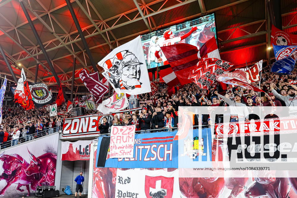 Leipzig fans in the stands with flags, cheering and celebrating after the victory, final score 6–0, GER, RB Leipzig vs. Eintracht Frankfurt, soccer, Men s Bundesliga 1, Matchday 5, 2026–2027 season, October 10, 2026 DFL regulations prohibit any use of photographs as image sequences and or quasi-video GER, RB Leipzig vs. Eintracht Frankfurt, soccer, 1st Bundesliga Men, Matchday 5, 2026–2027 season, October 10, 2026 Leipzig