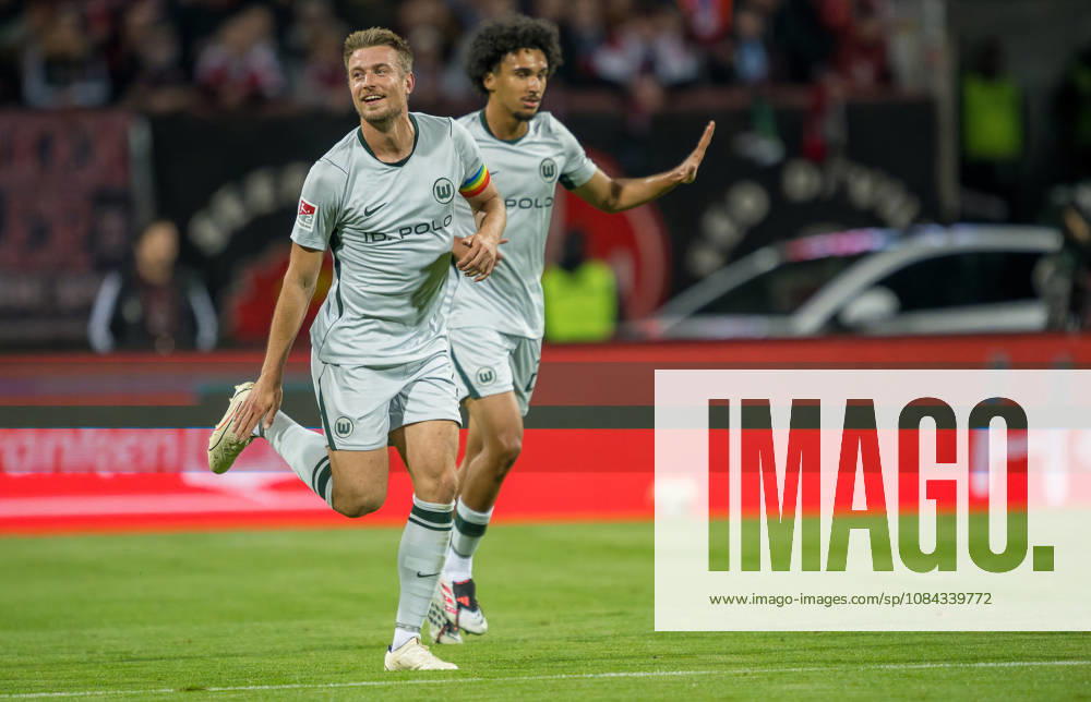 Soccer Season 2026–2027, Matchday 2, Bundesliga, Matchday 7: 1 FC Nuremberg (FCN) vs. VfL Wolfsburg (WOB), Wolves. Sports photo by Zink . DFL regulations prohibit any use of photographs as image sequences and or quasi-video; for editorial use only. Goal celebration, jubilation, joy after a goal; goal, shot on goal for the 0–1 by Hauke Wahl 6, VfL Wolfsburg