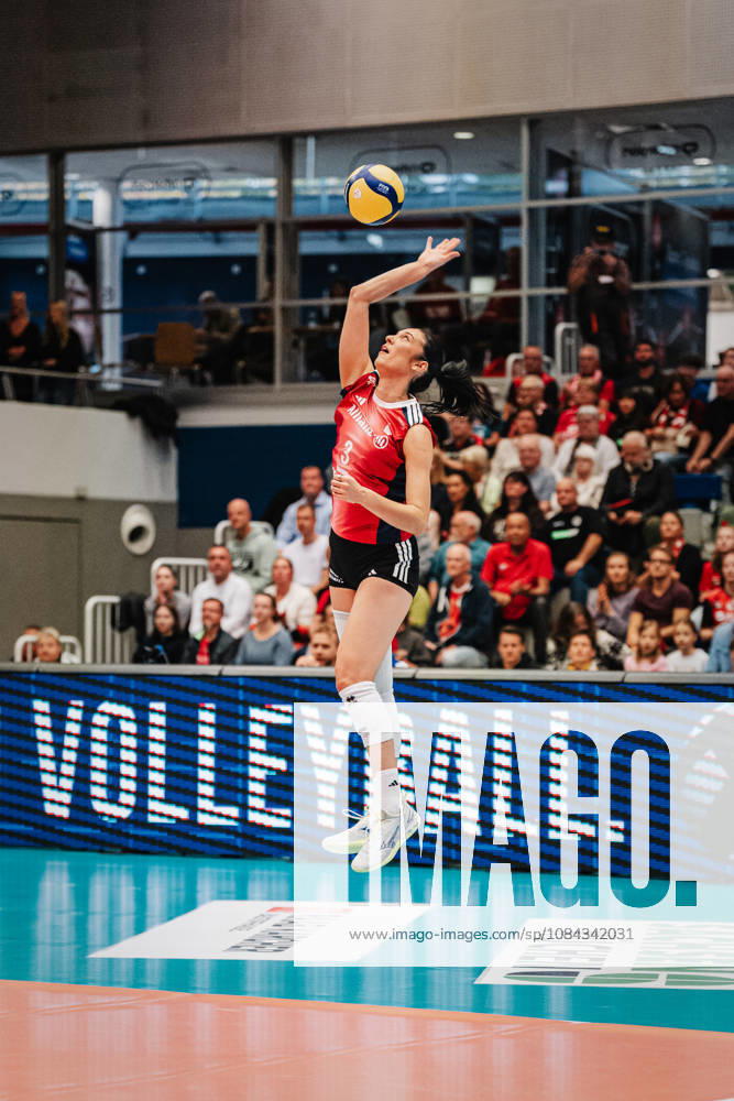 Pictured: Jasmine Gross serving, 3, MTV Stuttgart, October 10, 2026, Dresdner SC Allianz MTV Stuttgart, DEKRA 1st Bundesliga Women, Volleyball, Germany, Dresden, Cyberport Arena