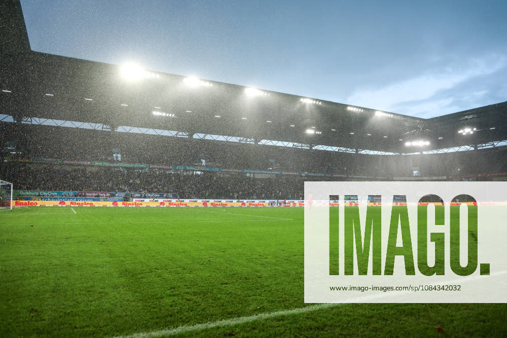 Sports, Soccer, 3rd Division, 2026–2027 Season, Matchday 8: MSV Duisburg vs. TSG 1899 Hoffenheim II, October 10, 2026, Schauinsland Reisen Arena: The stadium during the match in the rain in Duisburg, Schauinsland Reisen Arena, North Rhine-Westphalia, Germany